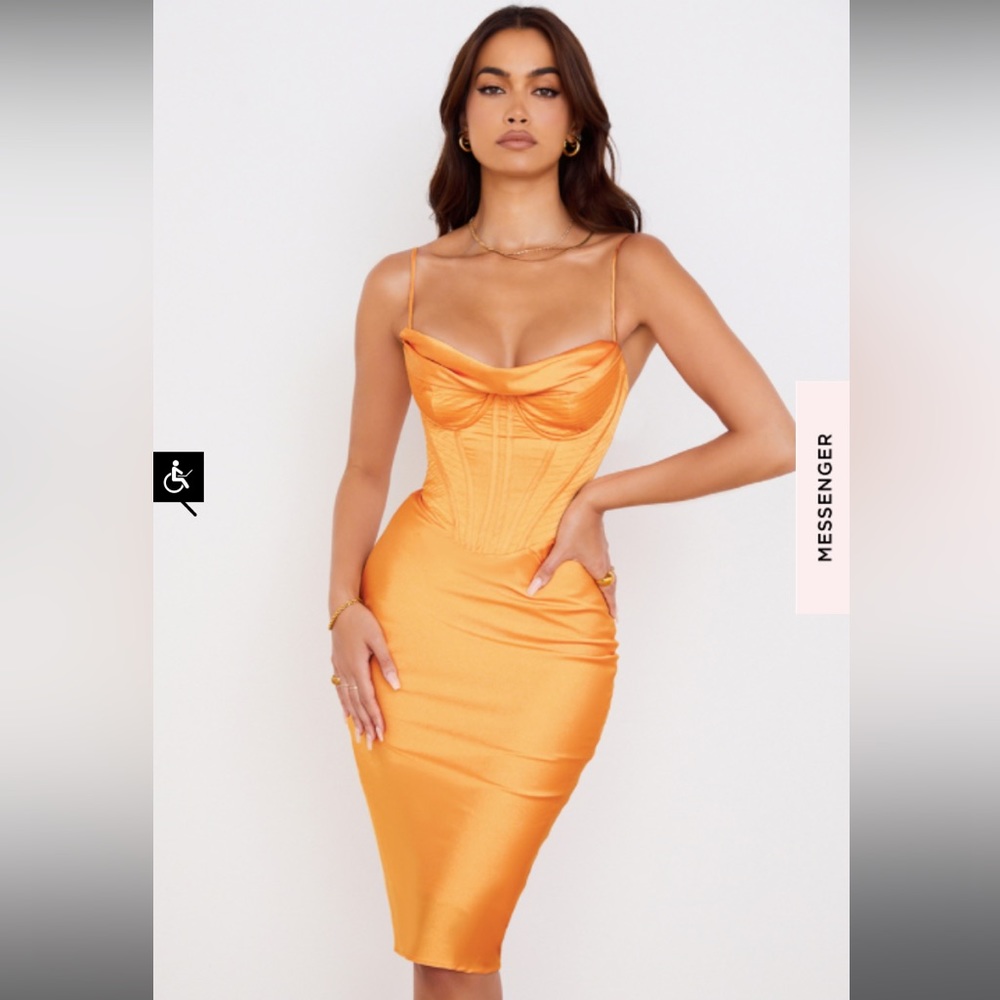 MYRNA - TANGERINE SATIN CORSET MIDI DRESS - House of CB